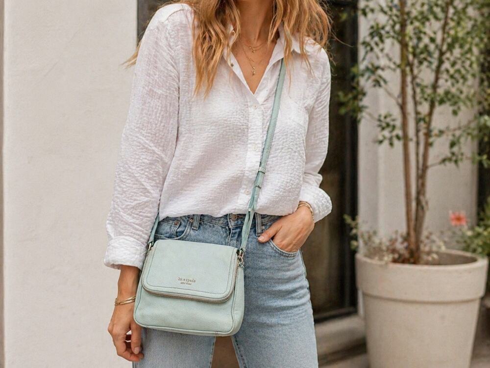 Kate Spade NY Pebbled Leather Crossbody Bag Mint Green Flap Zip Shoulder Purse